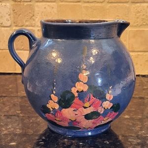 Amazing Antique Hand Painted Blue Glazed Round Pitcher